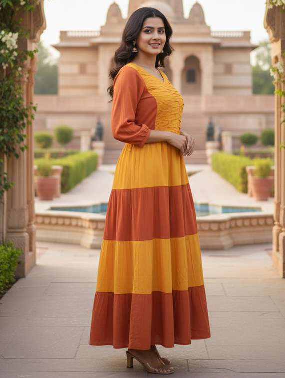 women color block puff sleeve tiered maxi dress - 22238825 -  Standard Image - 1