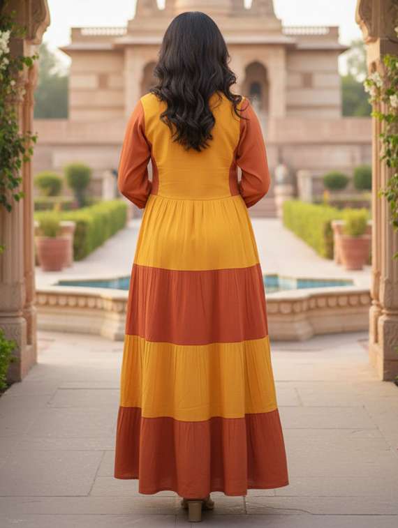 women color block puff sleeve tiered maxi dress - 22238825 -  Standard Image - 4