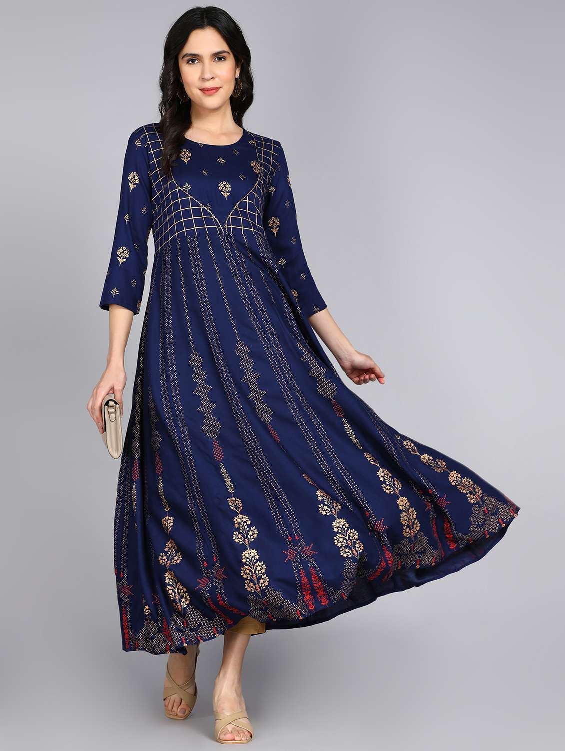 women foil print three quarter sleeve anarkali kurta