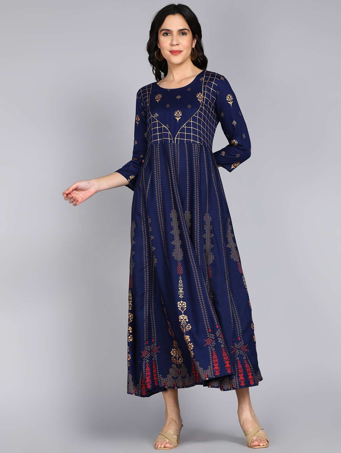 women foil print three quarter sleeve anarkali kurta - 22238826 -  Standard Image - 1