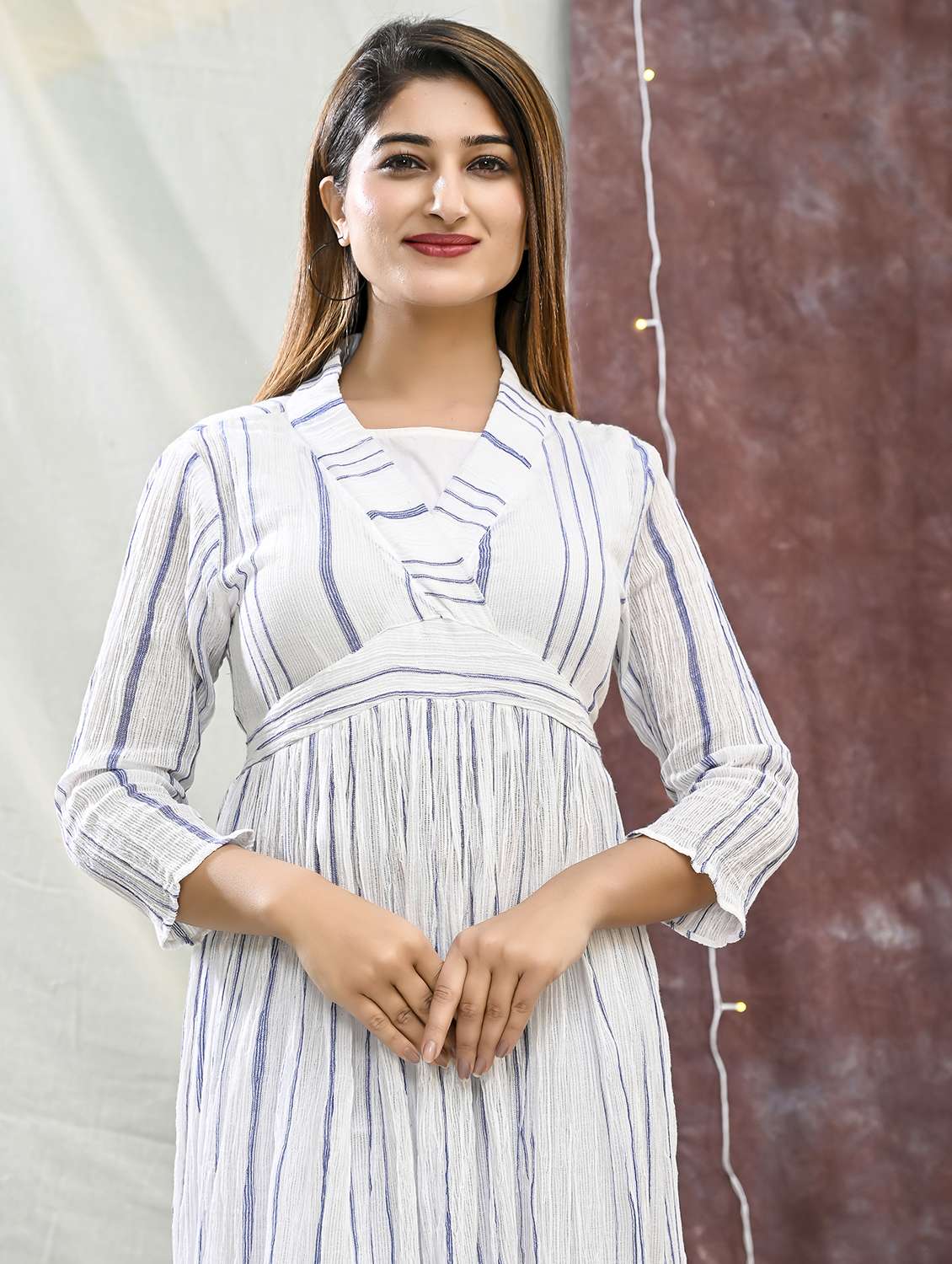 women striped three quarter sleeve fit & flare dress - 22239271 -  Standard Image - 1