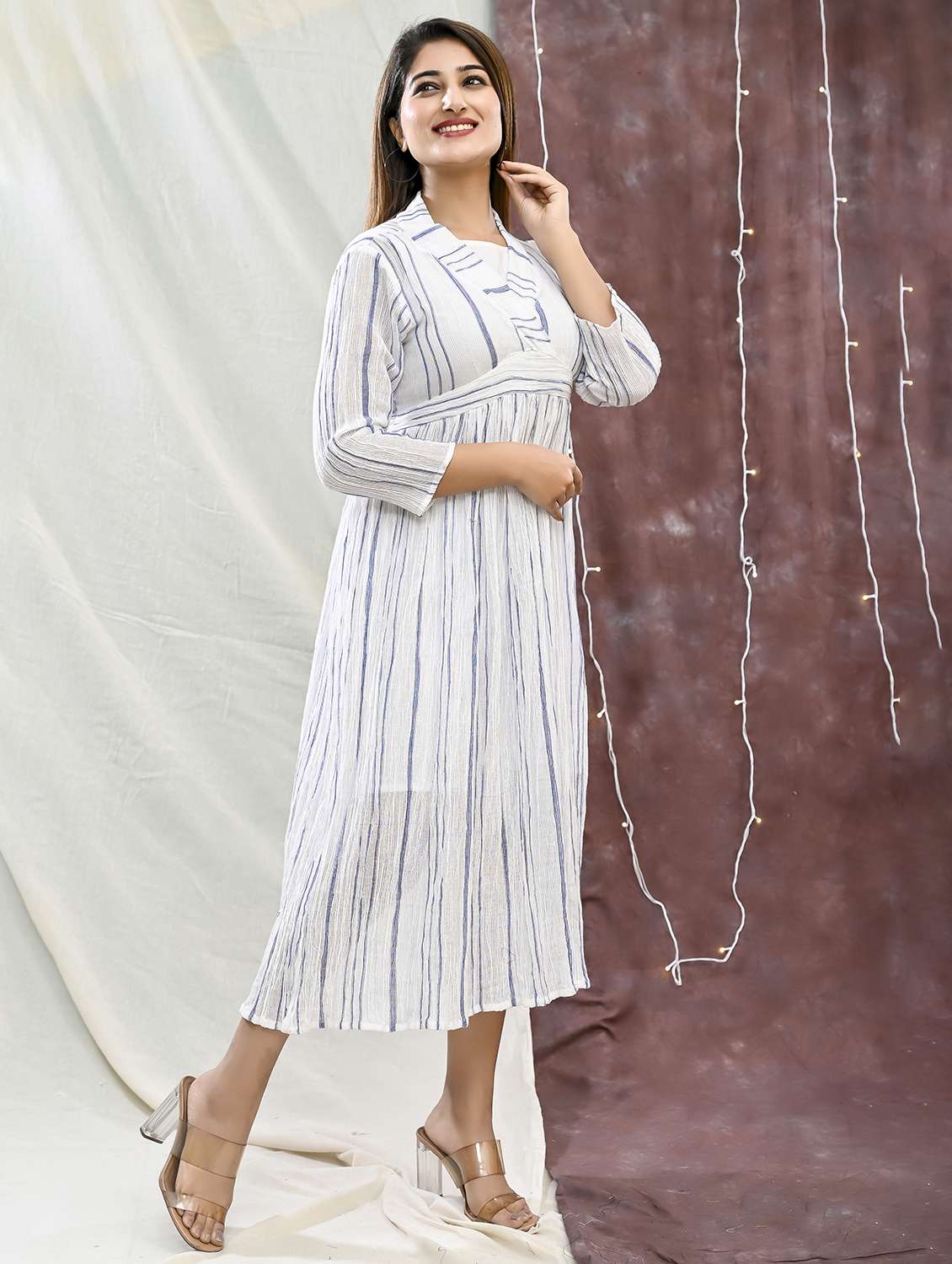 women striped three quarter sleeve fit & flare dress - 22239271 -  Standard Image - 4