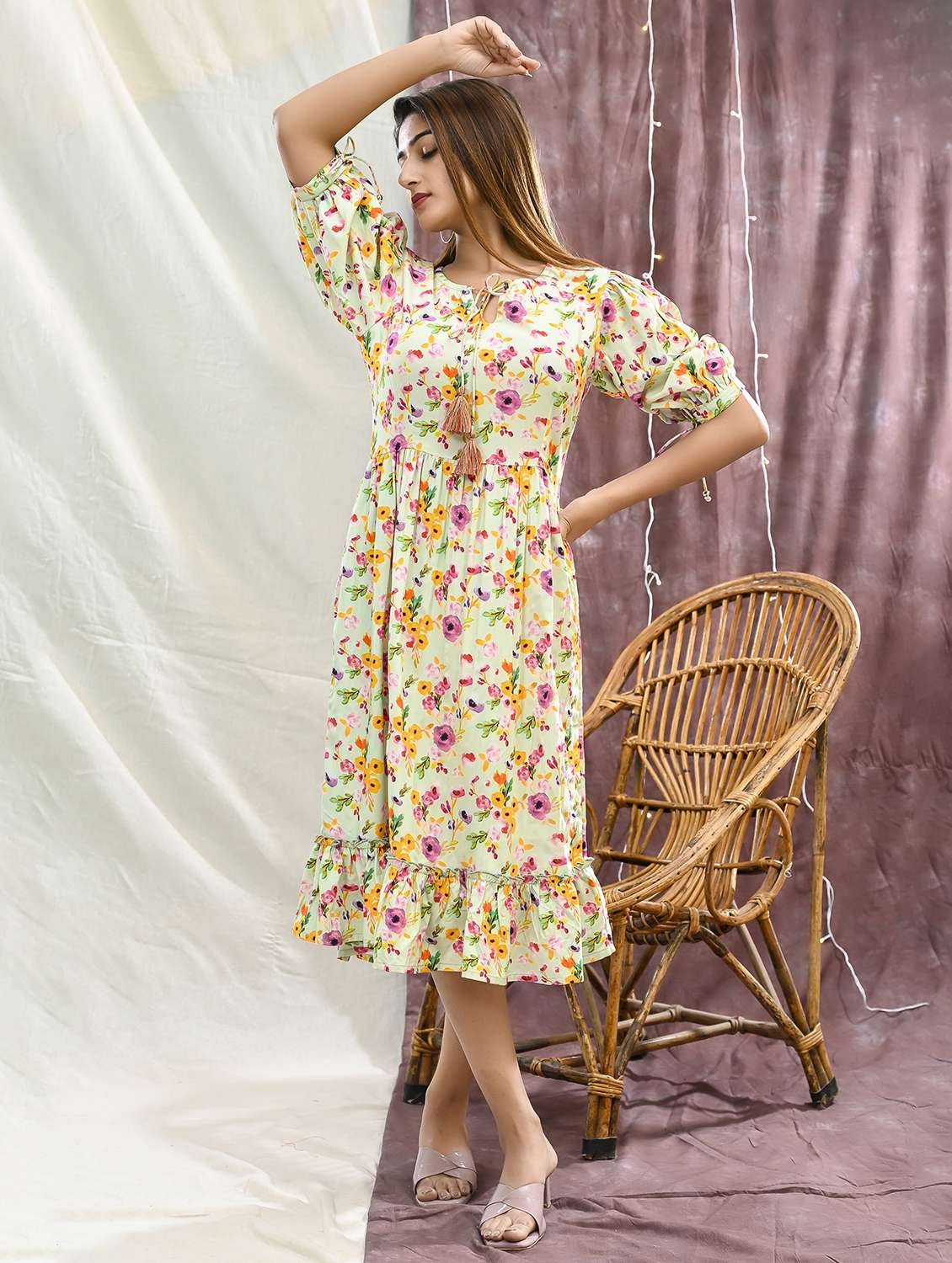women floral print puff sleeve tiered dress - 22239272 -  Standard Image - 1