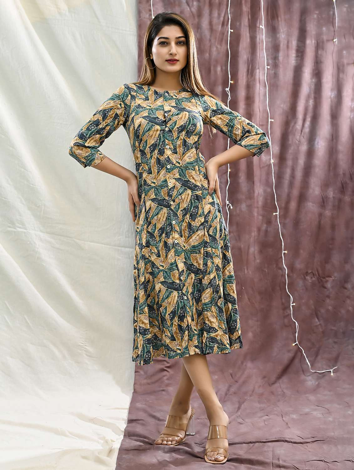 women printed three quarter sleeve shirt dress - 22239273 -  Standard Image - 1