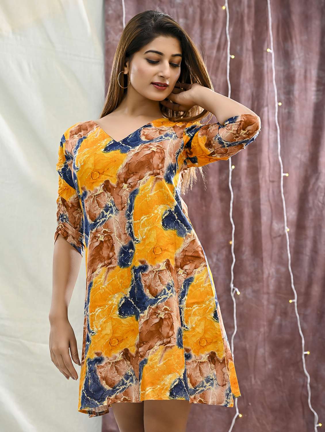 women printed three quarter sleeve a-line dress - 22239274 -  Standard Image - 4