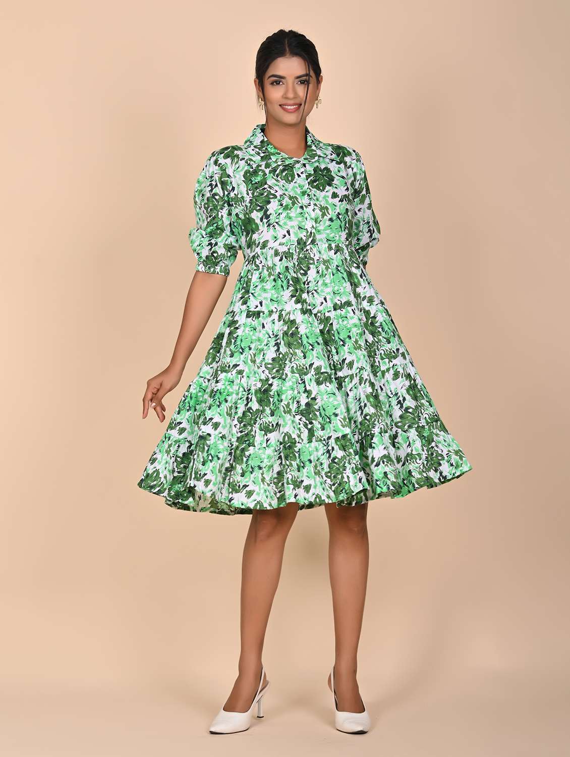 women printed three quarter slevee tiered dress - 22239281 -  Standard Image - 1