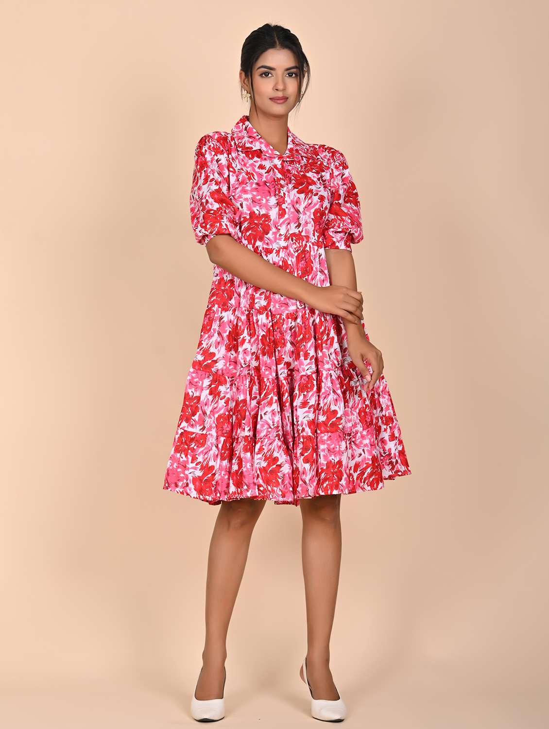 women printed three quarter slevee tiered dress