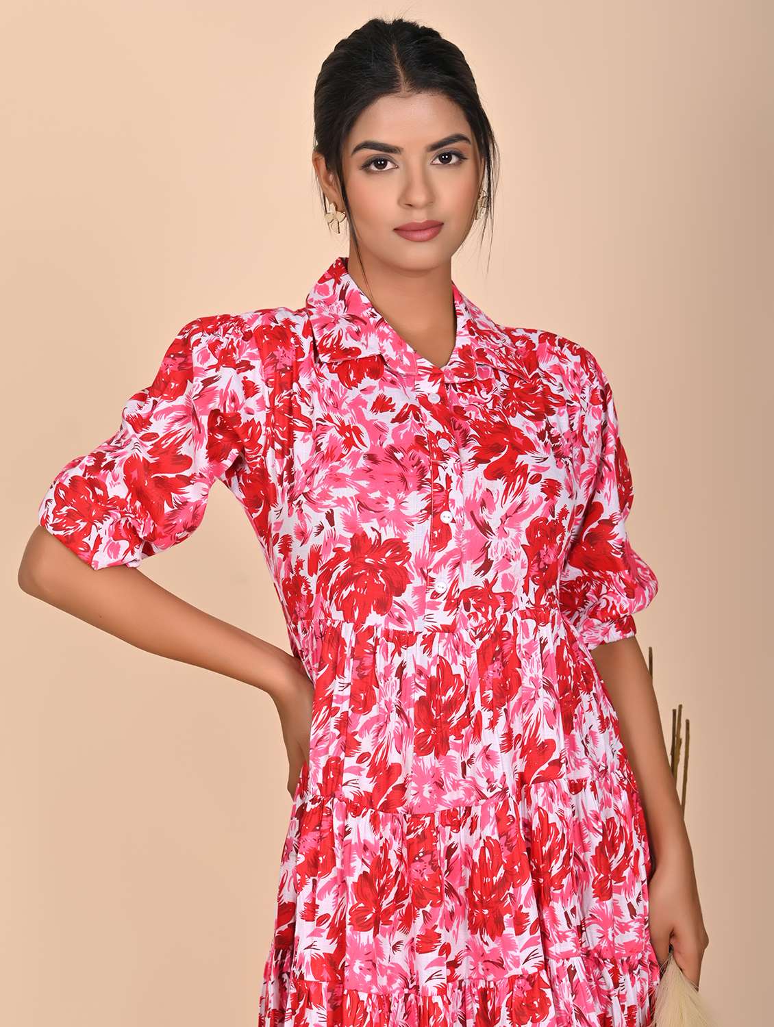 women printed three quarter slevee tiered dress - 22239282 -  Standard Image - 1