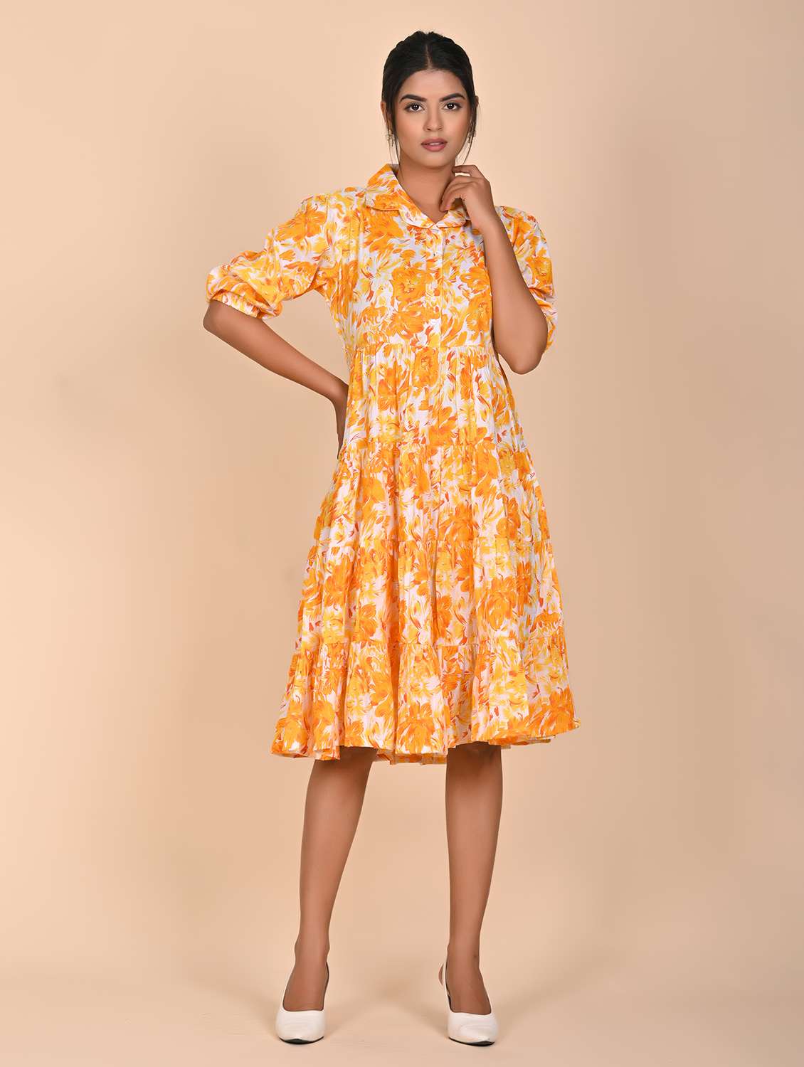 women printed three quarter slevee tiered dress - 22239283 -  Standard Image - 1