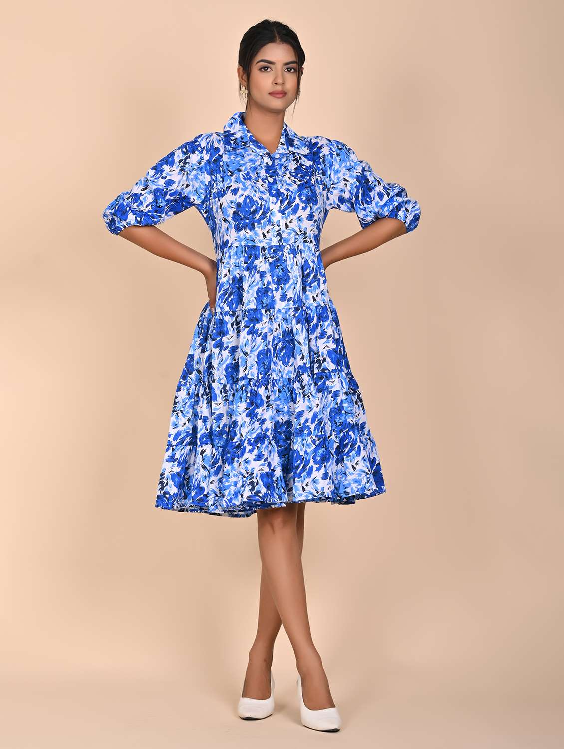women printed three quarter slevee tiered dress - 22239284 -  Standard Image - 1