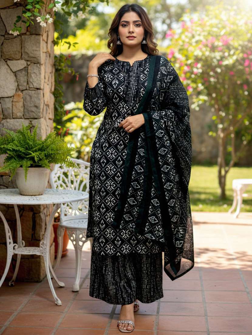 women printed three quarter sleeve kurta palazzo with dupatta set - 22239533 -  Standard Image - 1