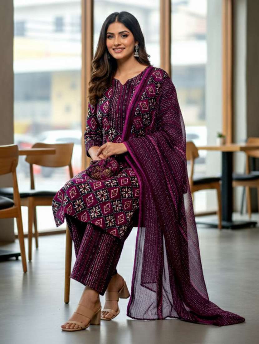 women printed three quarter sleeve kurta pant with dupatta set - 22239537 -  Standard Image - 1