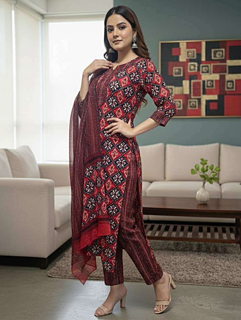 women printed three quarter sleeve kurta pant with dupatta set - 22239538 -  Standard Image - 1
