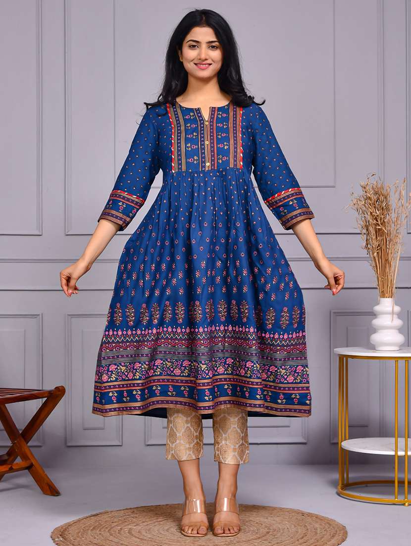 women printed three quarter sleeve flared kurta - 22239684 -  Standard Image - 1