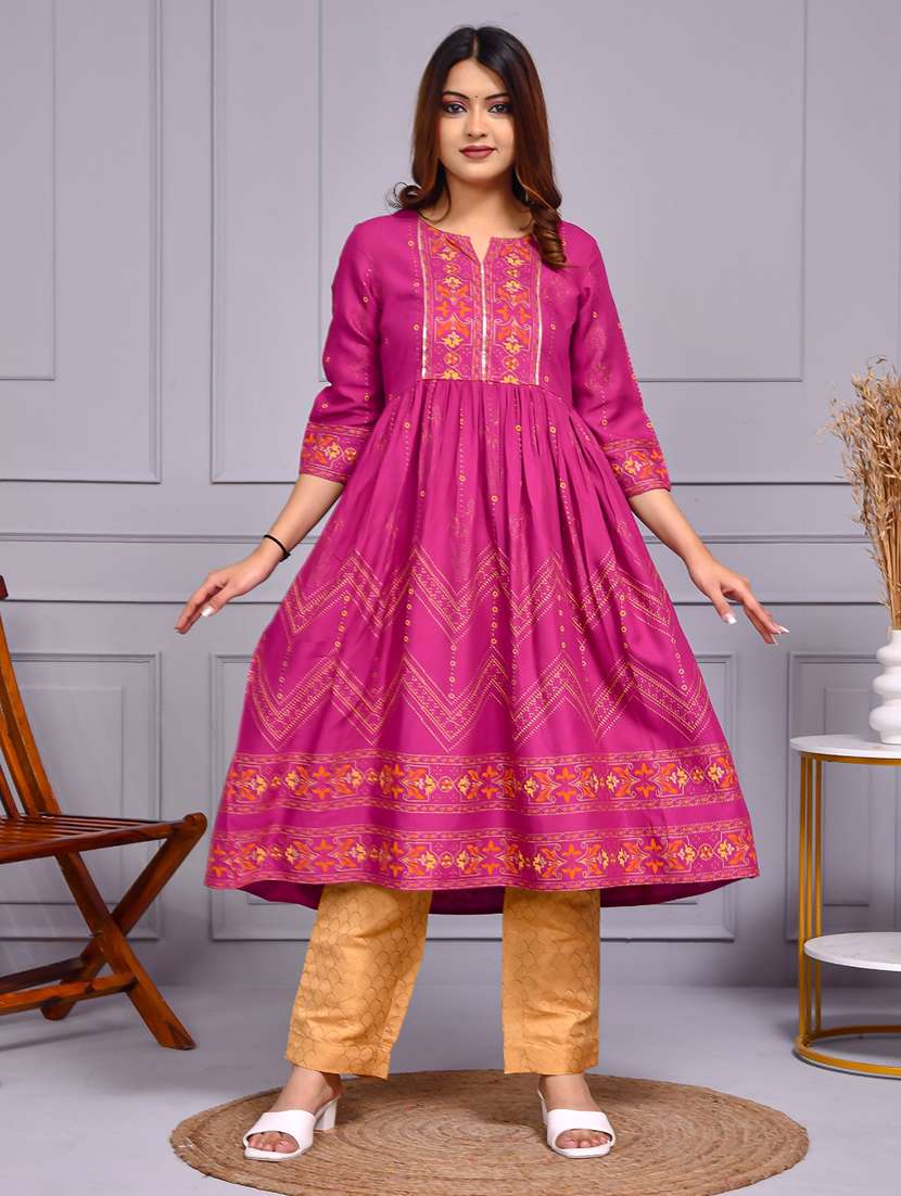 women printed three quarter sleeve flared kurta - 22239686 -  Standard Image - 1