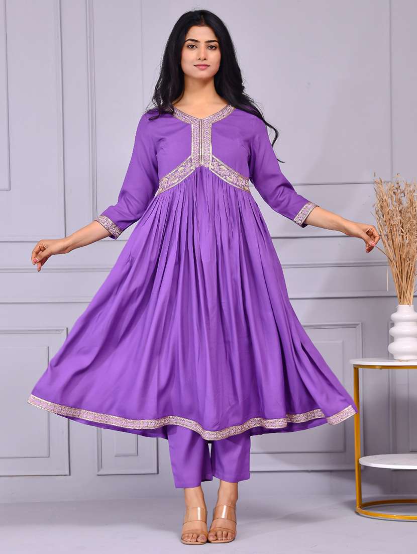 women solid with work three quarter sleeve flared kurta - 22239689 -  Standard Image - 1