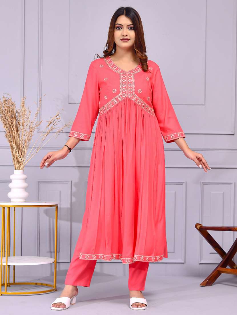 women solid with work three quarter sleeve flared kurta - 22239690 -  Standard Image - 1
