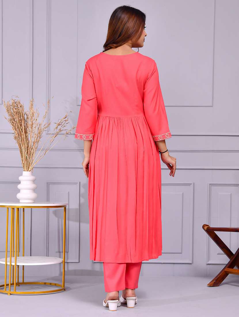 women solid with work three quarter sleeve flared kurta - 22239690 -  Standard Image - 4