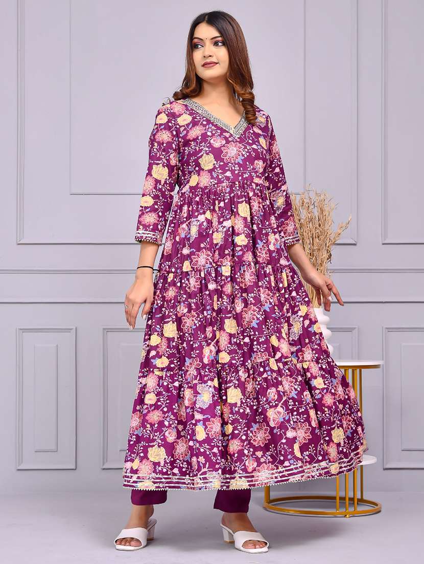 women floral three quarter sleeve flared kurta - 22239692 -  Standard Image - 1