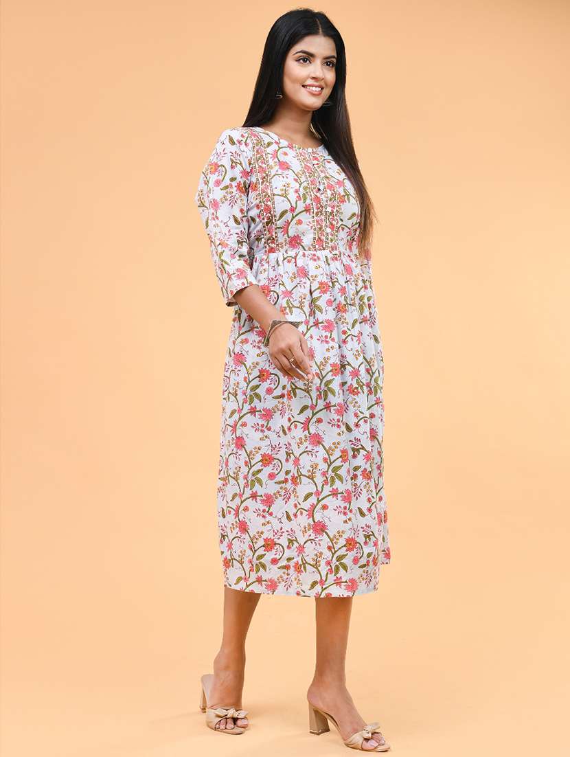women floral three quarter sleeve a-line ethnic dress - 22239695 -  Standard Image - 1