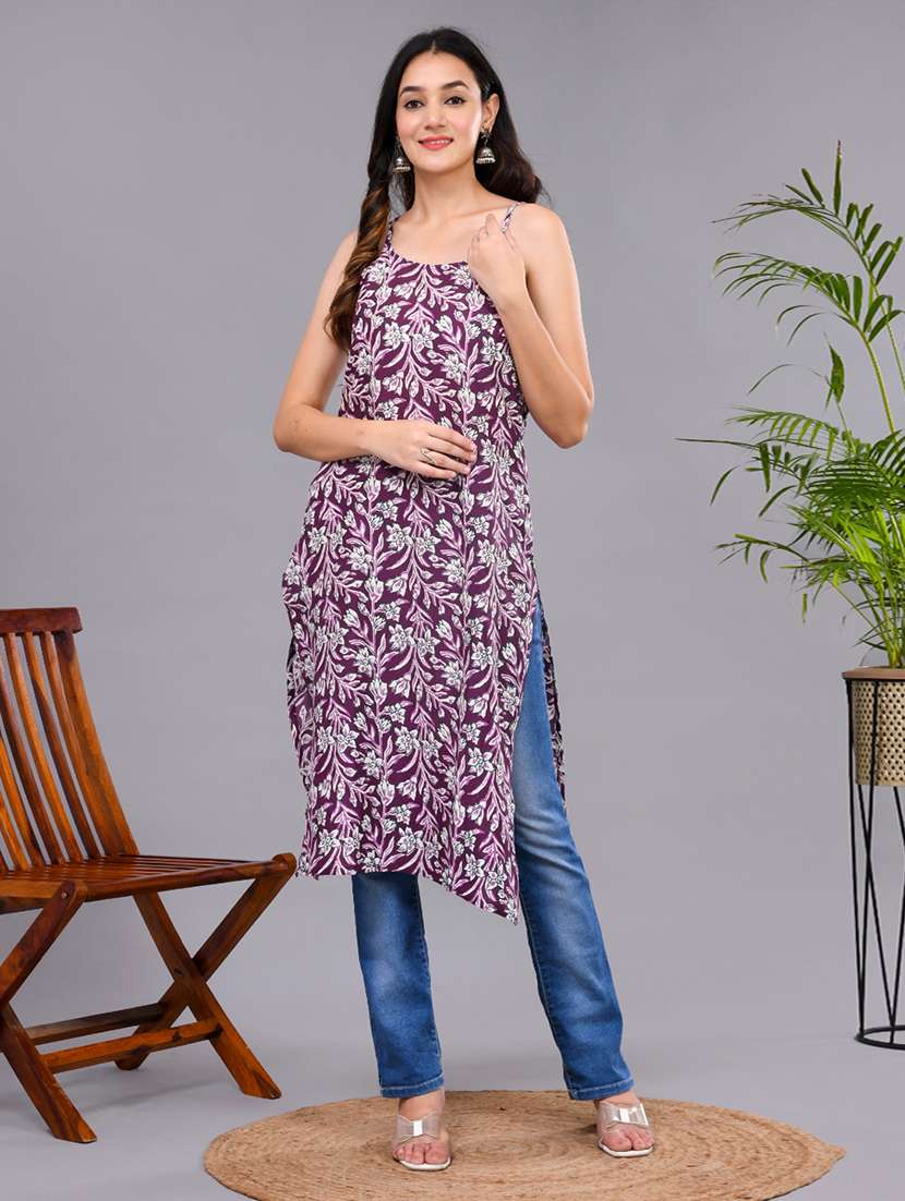 women floral shoulder strap straight kurta - 22239706 -  Standard Image - 1