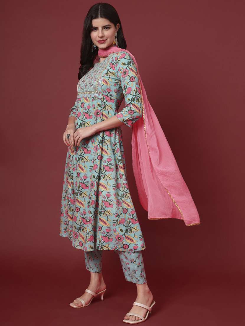 women floral three quarter sleeve kurta pant with dupatta set - 22239796 -  Standard Image - 1