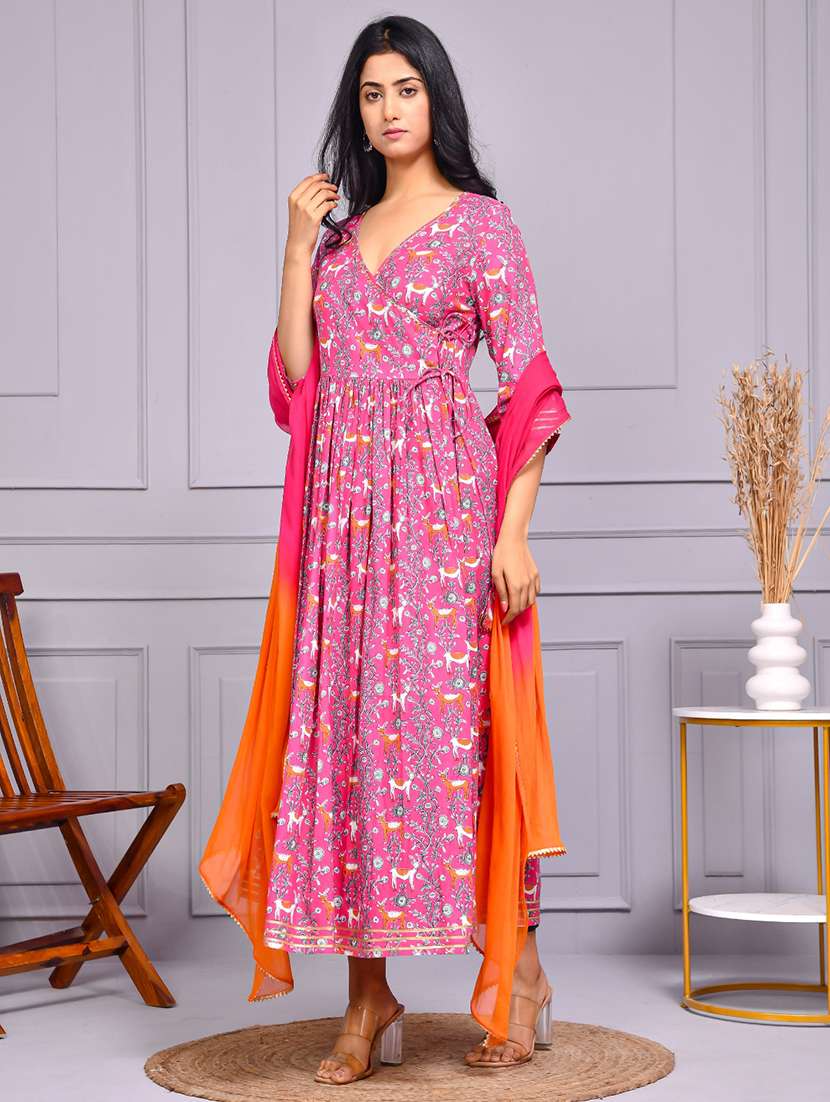 women printed three quarter sleeve kurta pant with dupatta set - 22239802 -  Standard Image - 1