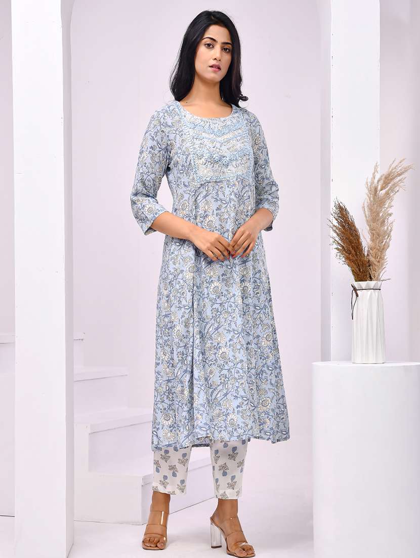 women floral three quarter sleeve kurta pant with dupatta set - 22239811 -  Standard Image - 1