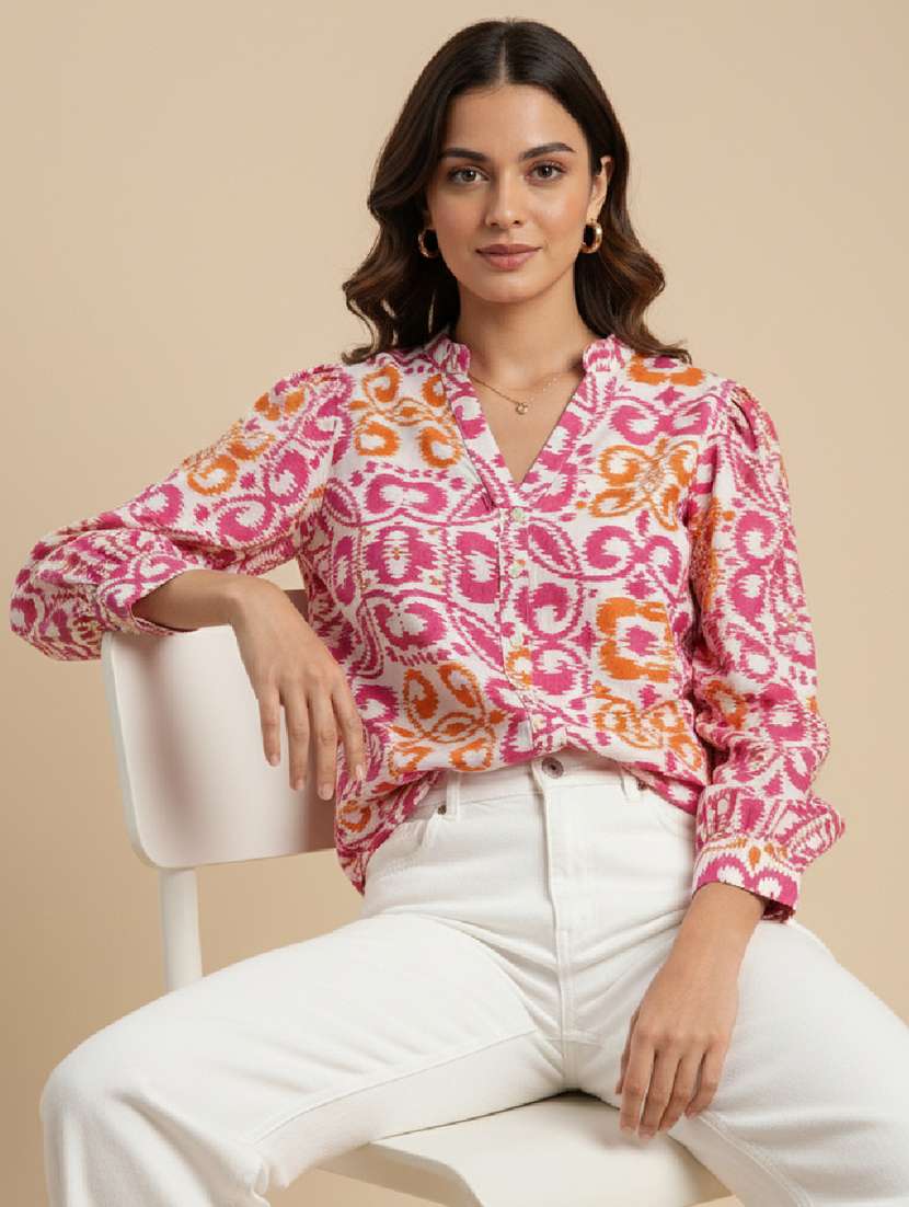 women printed mandarin neck long sleeve shirt