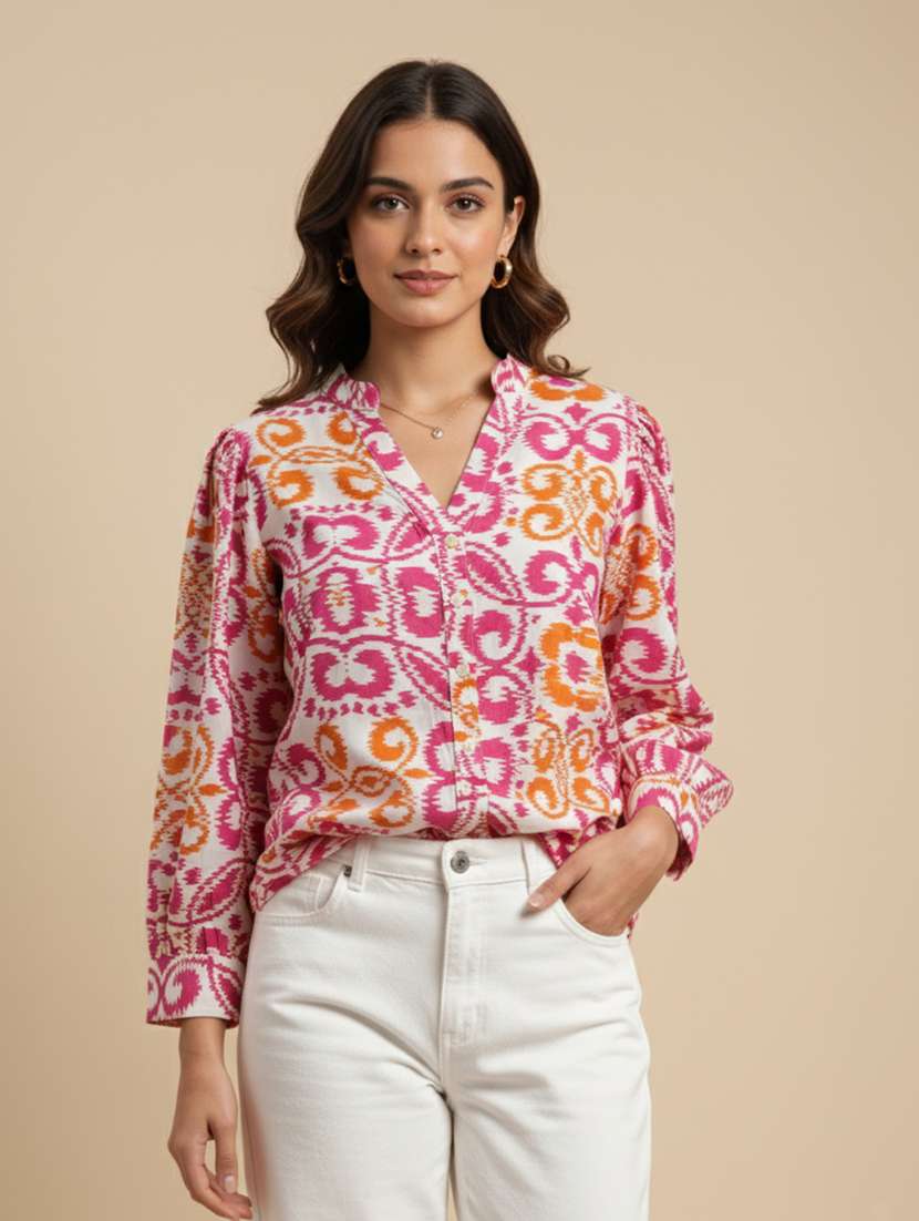 women printed mandarin neck long sleeve shirt - 22239826 -  Standard Image - 1