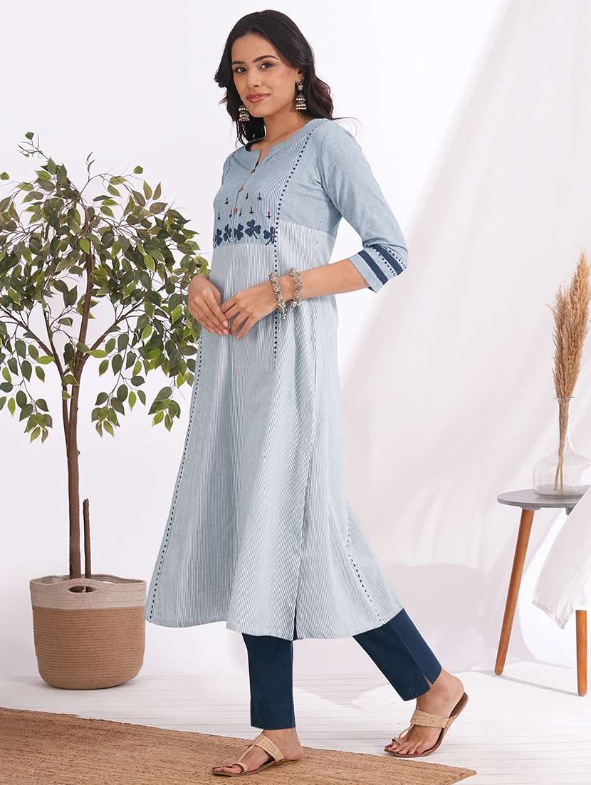 women striped three quarter sleeve a-line kurta - 22240408 -  Standard Image - 1