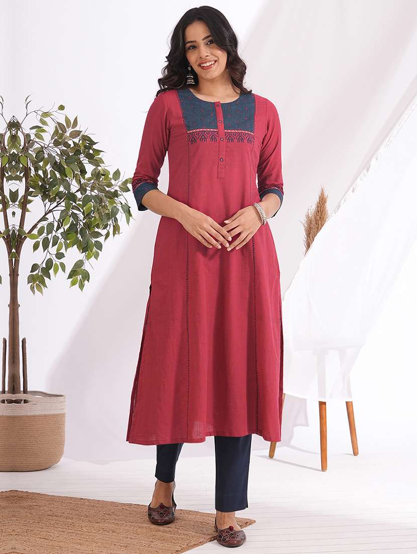 women striped three quarter sleeve a-line kurta