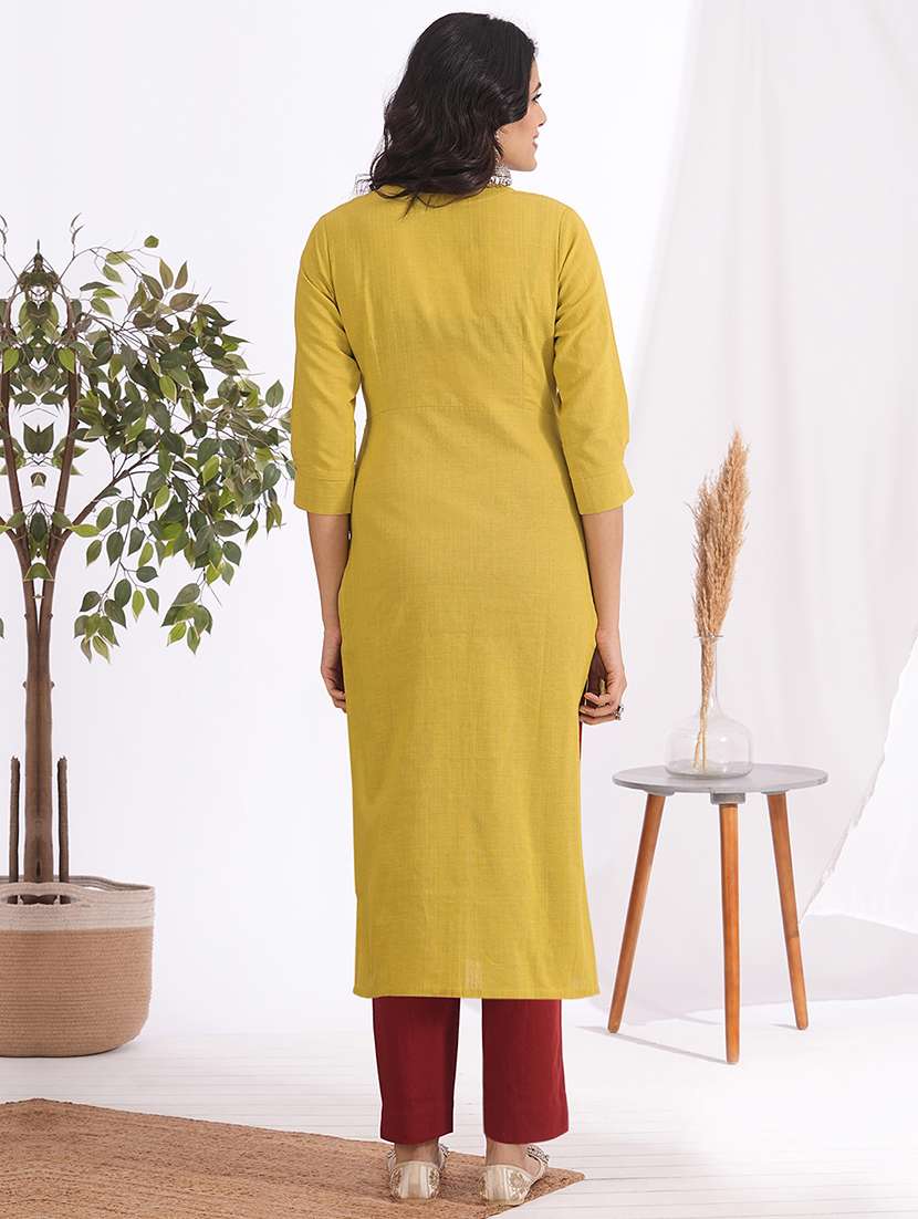 women solid with work three quarter sleeve a-line kurta - 22240410 -  Standard Image - 4