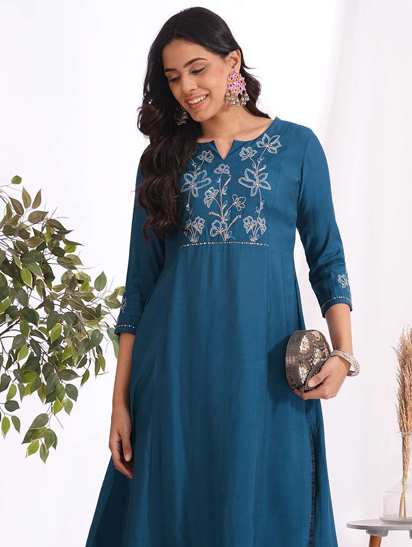 women solid with work three quarter sleeve a-line kurta - 22240411 -  Standard Image - 1