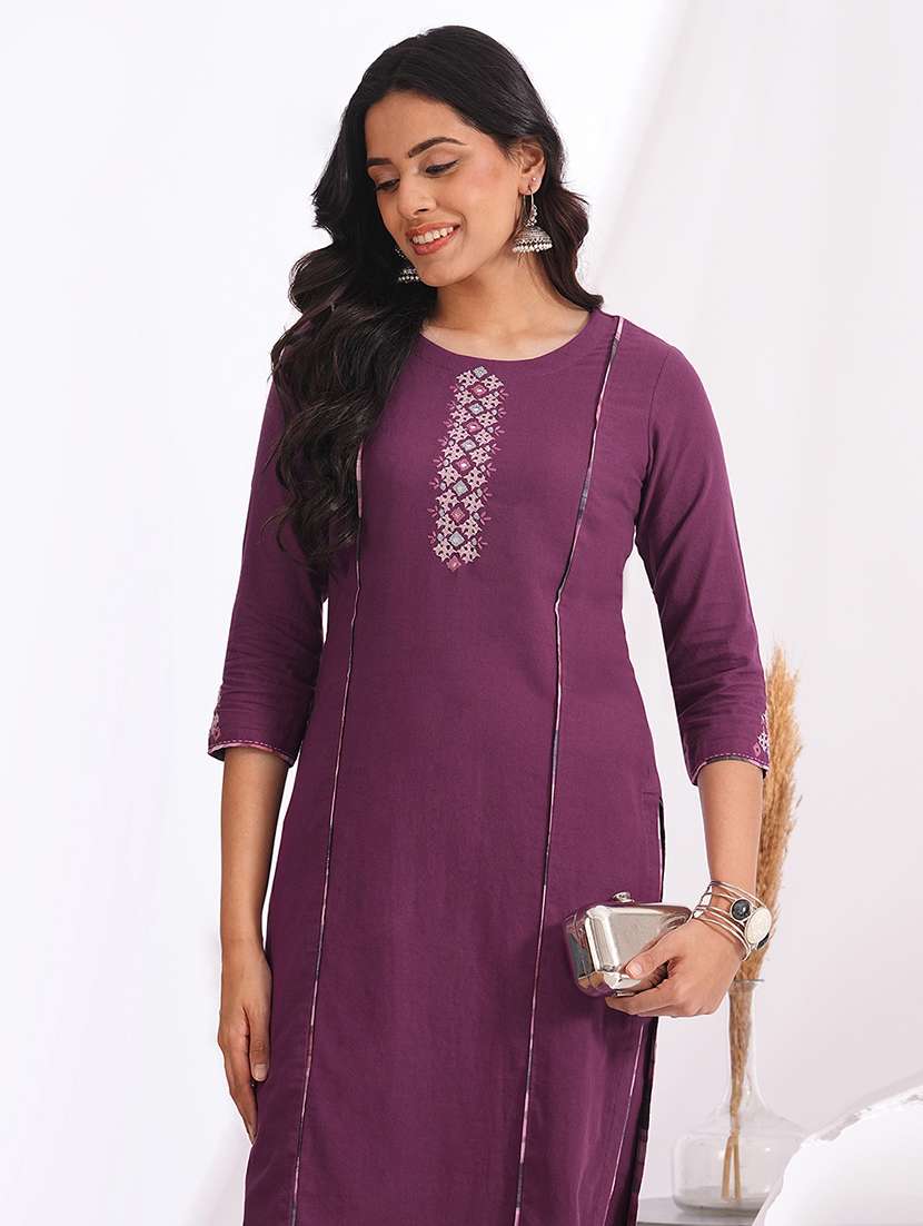 women solid with work three quarter sleeve straight kurta - 22240417 -  Standard Image - 1