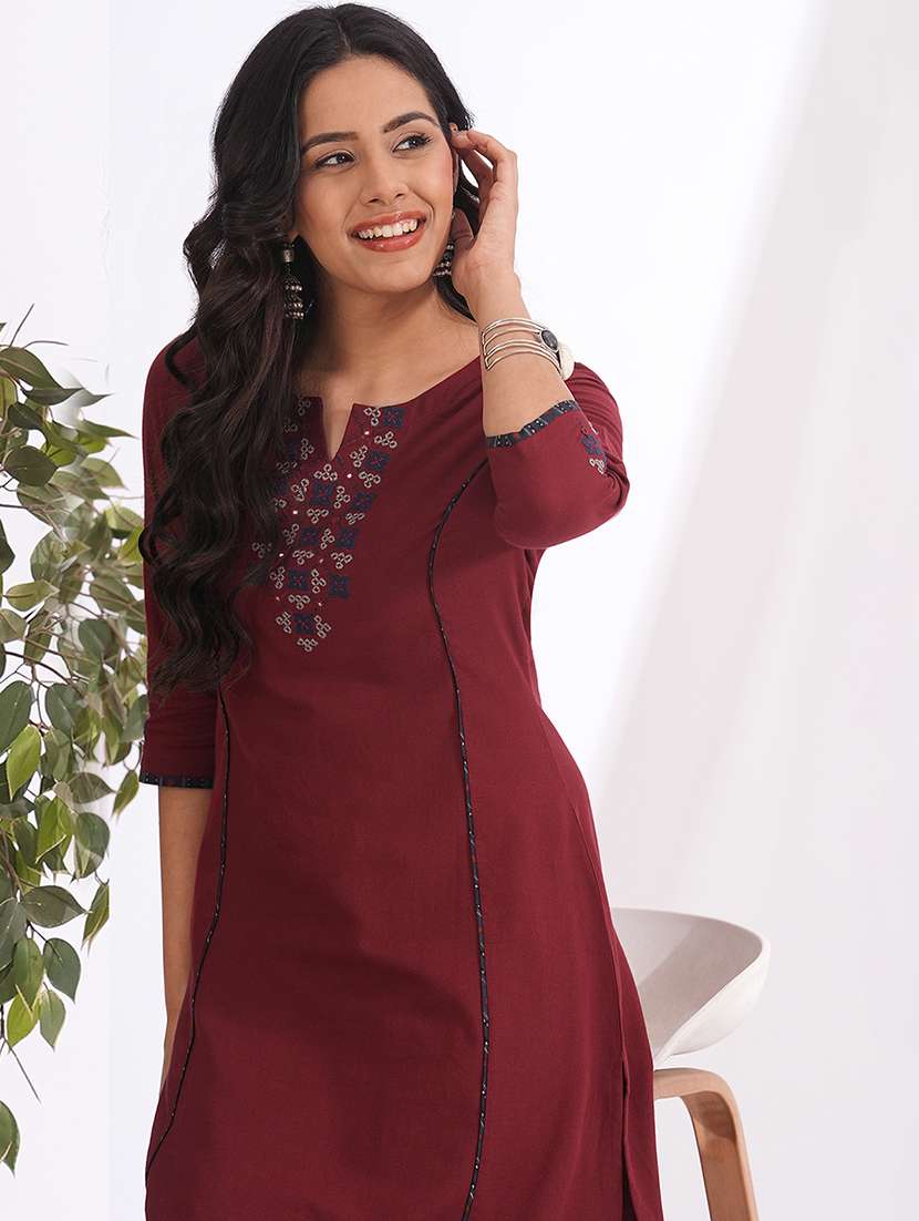 women solid with work three quarter sleeve straight kurta - 22240418 -  Standard Image - 1