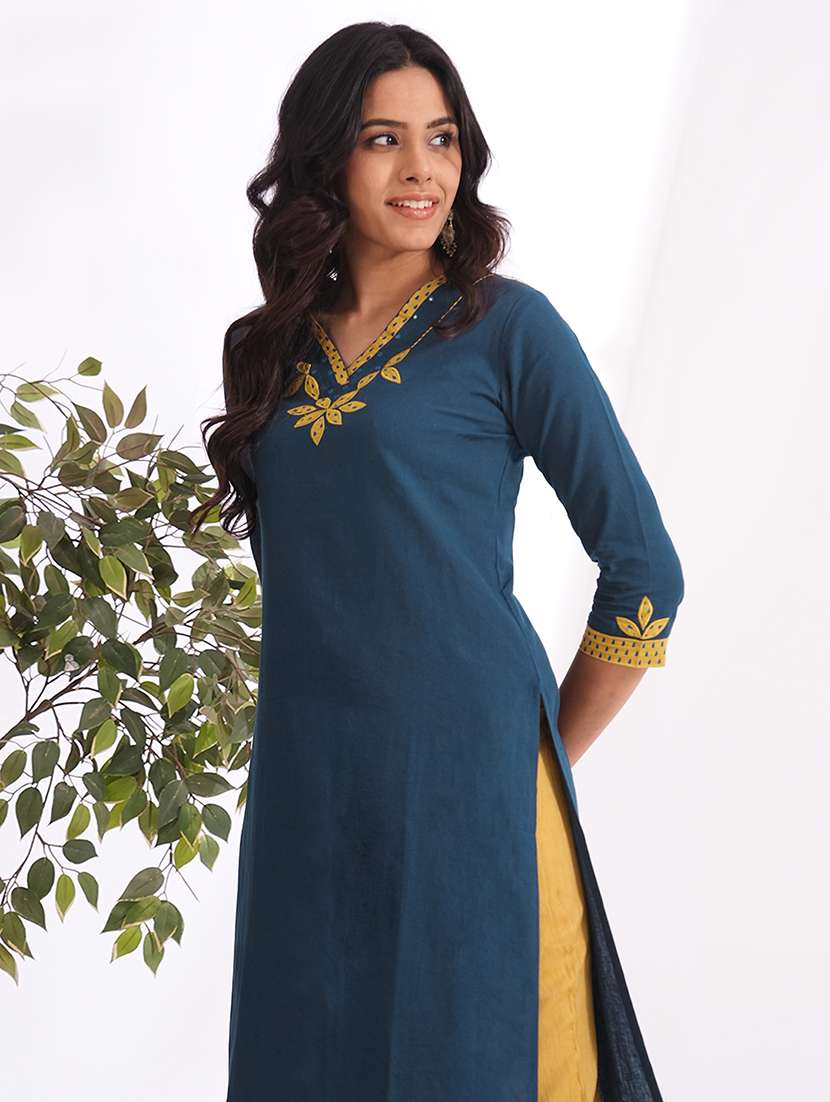 women solid with work three quarter sleeve straight kurta - 22240420 -  Standard Image - 1