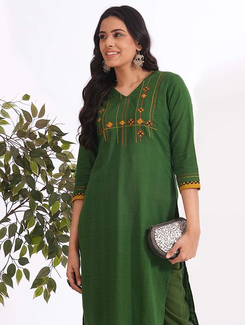 women solid with work three quarter sleeve straight kurta - 22240423 -  Standard Image - 1
