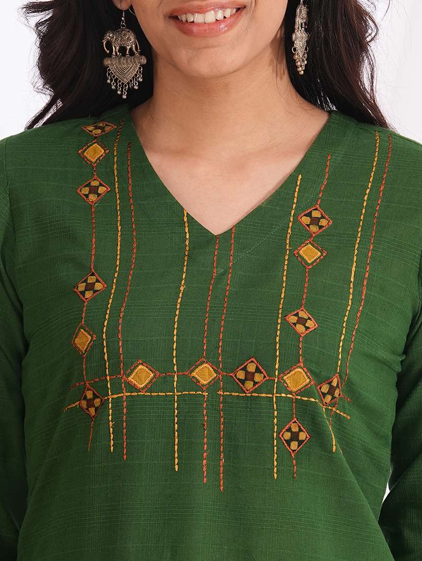 women solid with work three quarter sleeve straight kurta - 22240423 -  Standard Image - 4