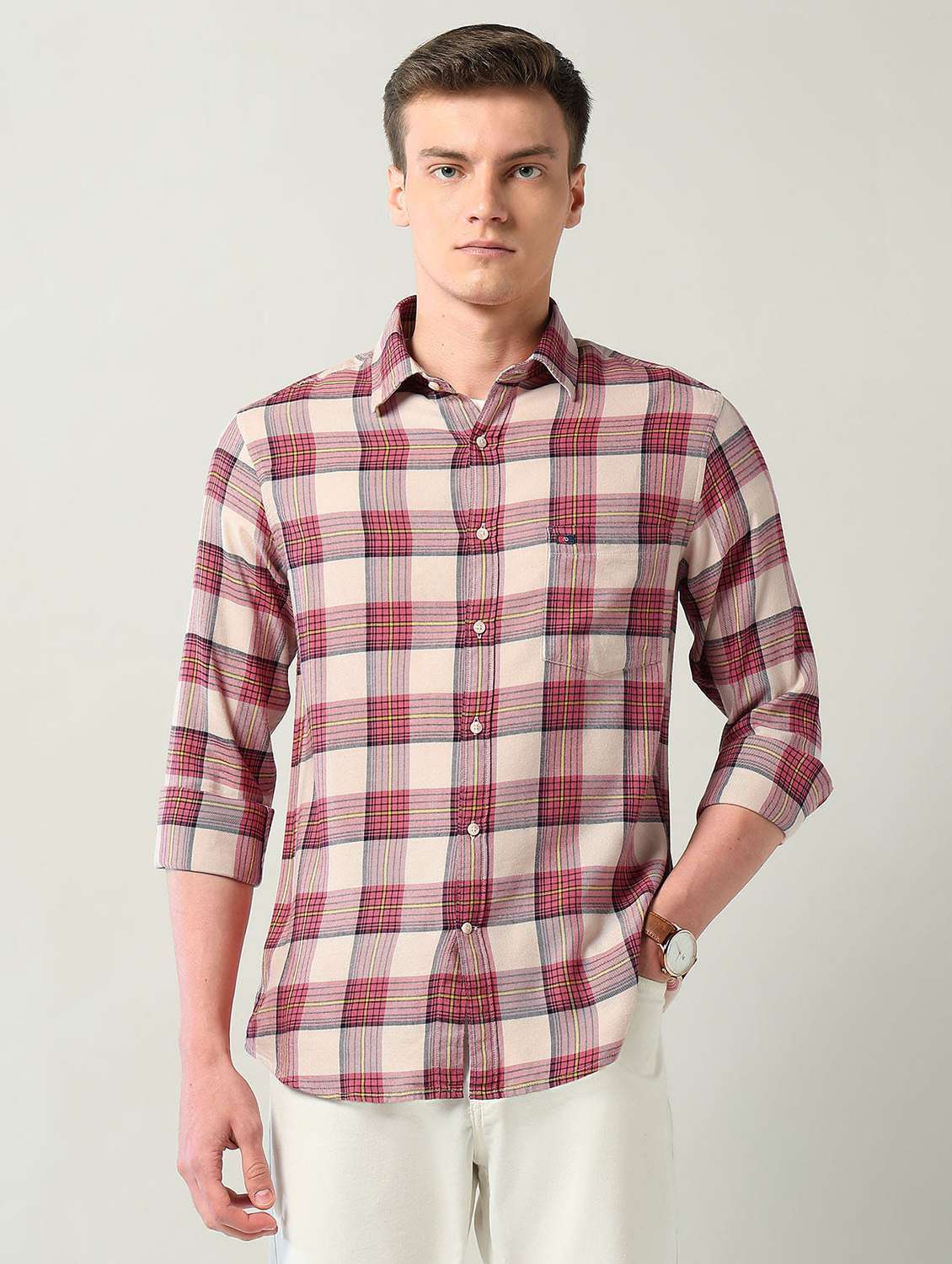 men checkered long sleeve slim fit casual shirt - 22240604 -  Standard Image - 1