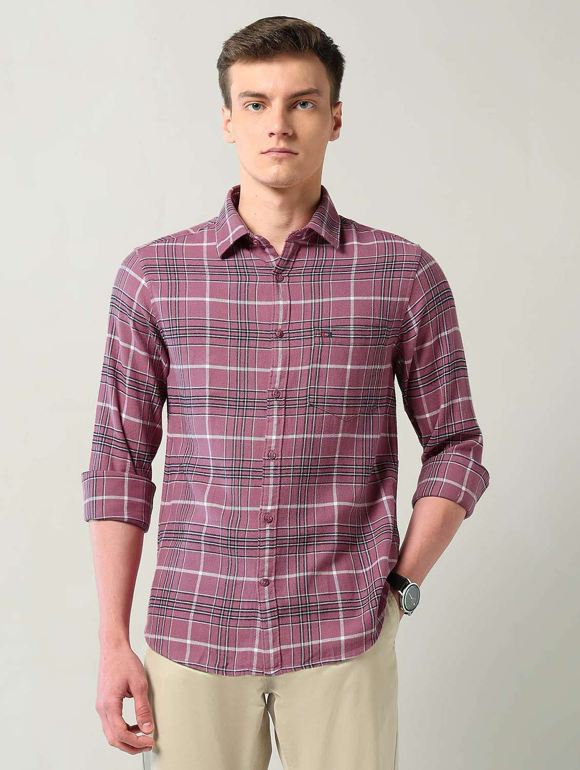 men checkered long sleeve slim fit casual shirt - 22240607 -  Standard Image - 1