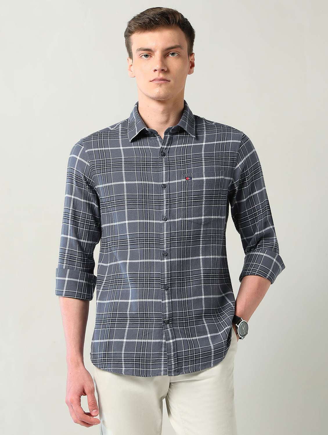 men checkered long sleeve slim fit casual shirt - 22240609 -  Standard Image - 1