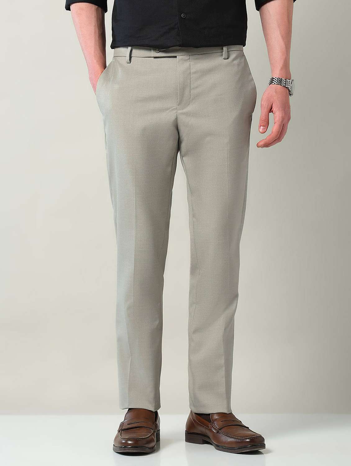 men solid mid rise flat front formal trouser - 22240610 -  Standard Image - 1