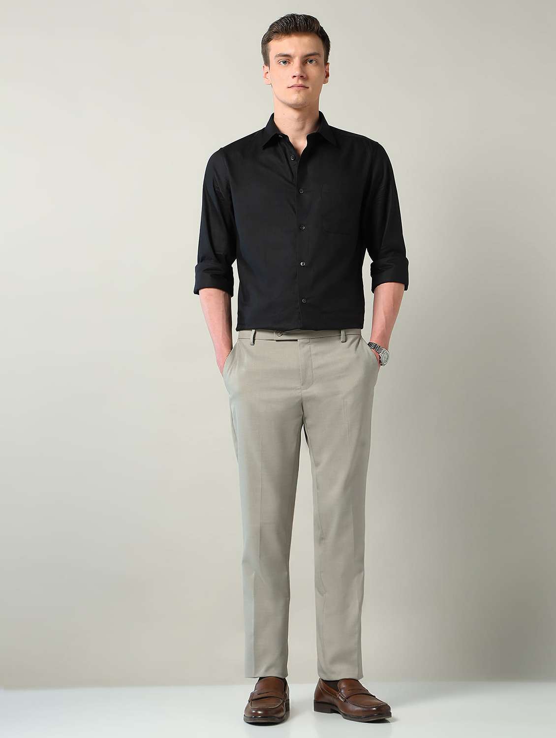 men solid mid rise flat front formal trouser - 22240610 -  Standard Image - 4