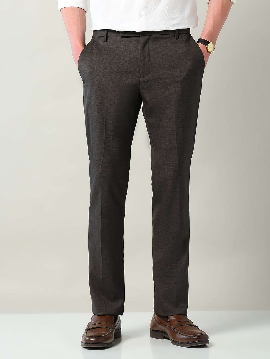 men solid mid rise flat front formal trouser - 22240611 -  Standard Image - 1