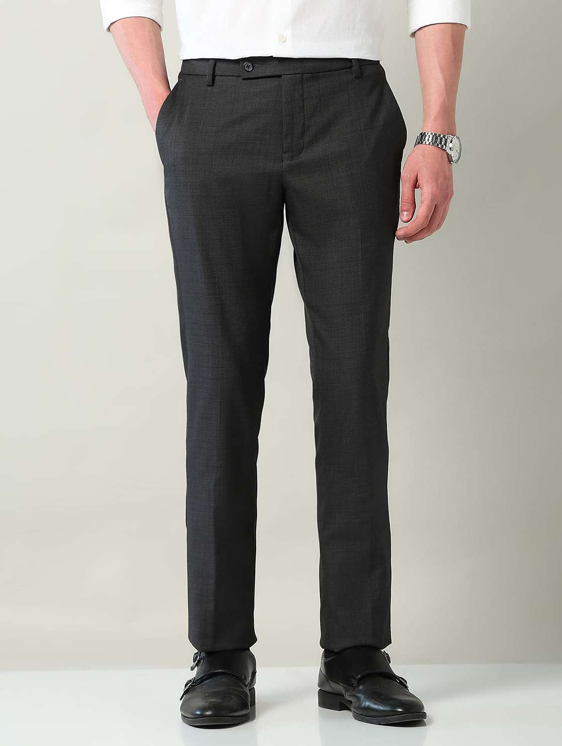 men solid mid rise flat front formal trouser - 22240612 -  Standard Image - 1