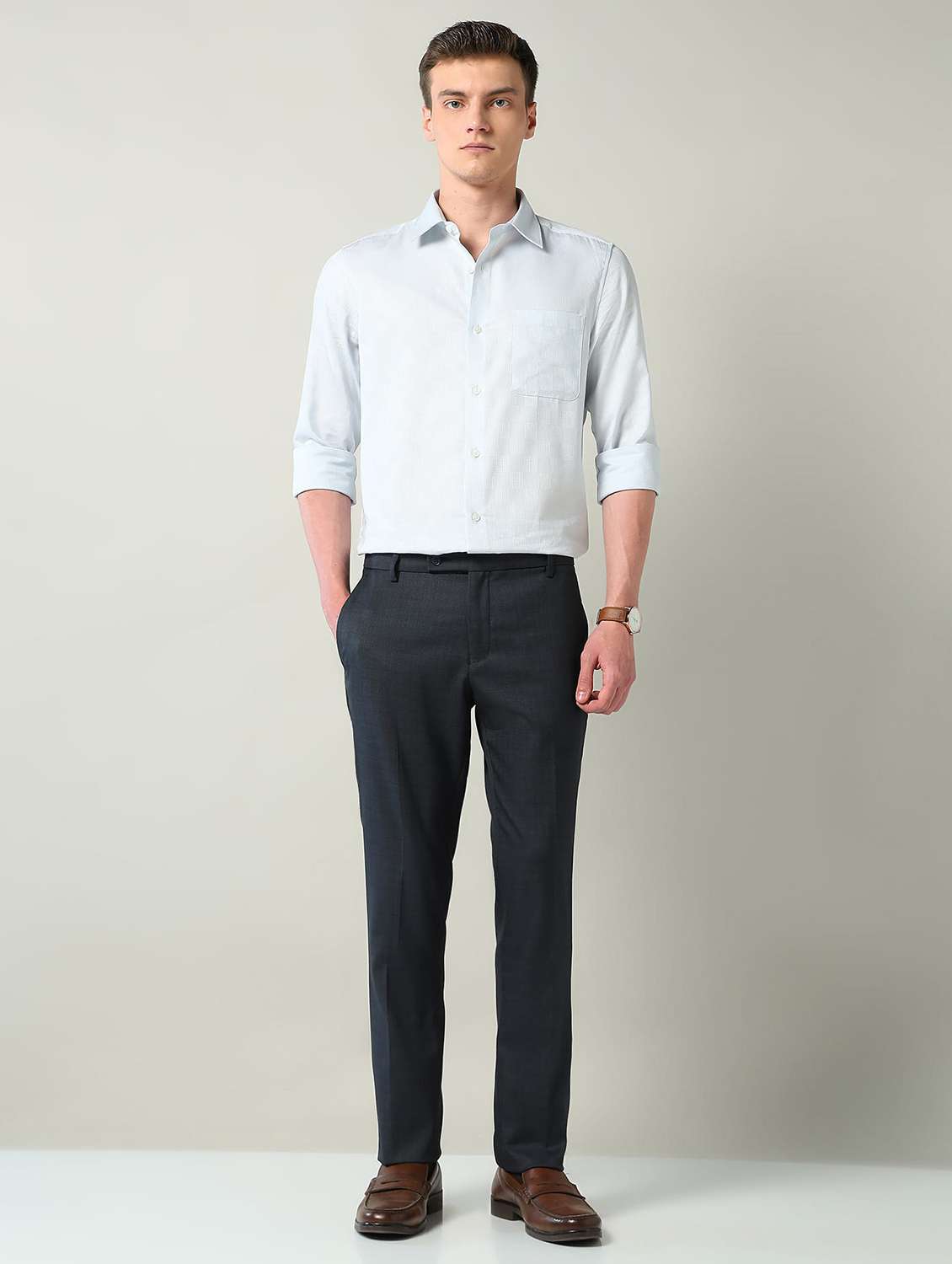 men solid mid rise flat front formal trouser - 22240613 -  Standard Image - 4