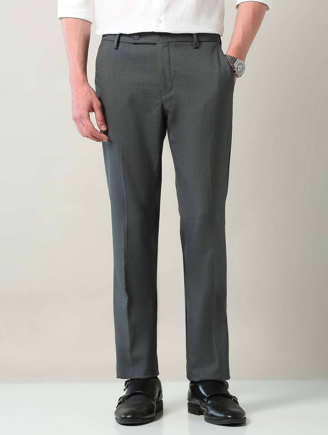 men solid mid rise flat front formal trouser