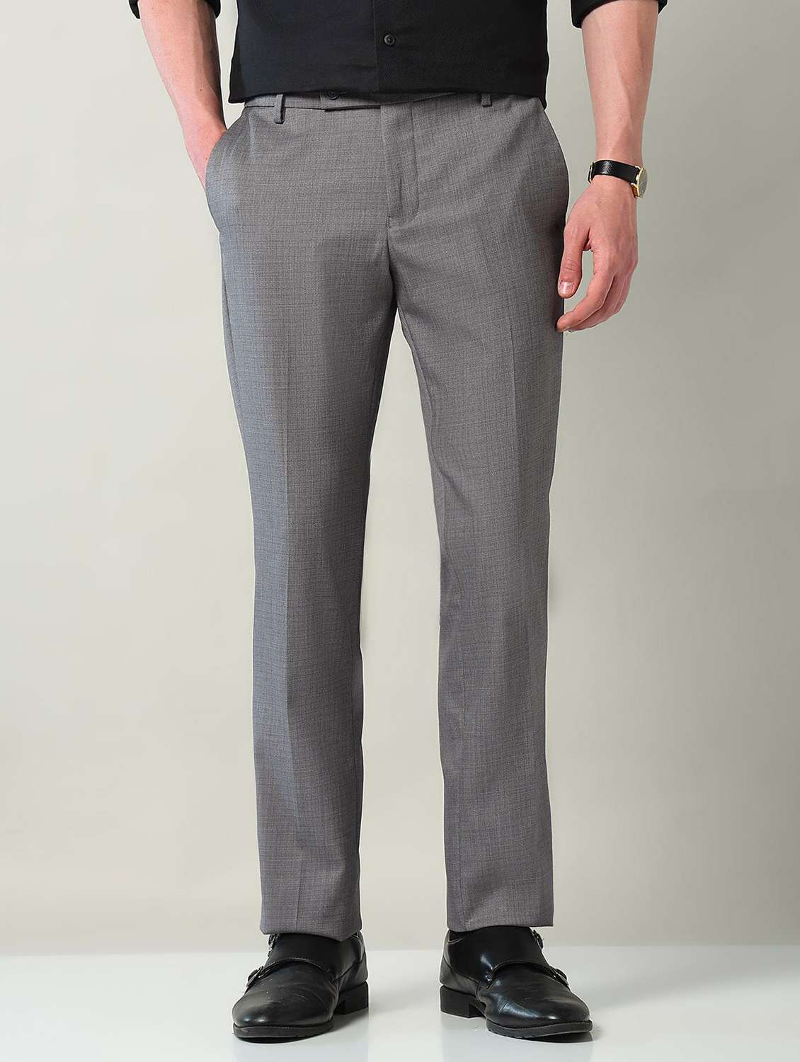men solid mid rise flat front formal trouser