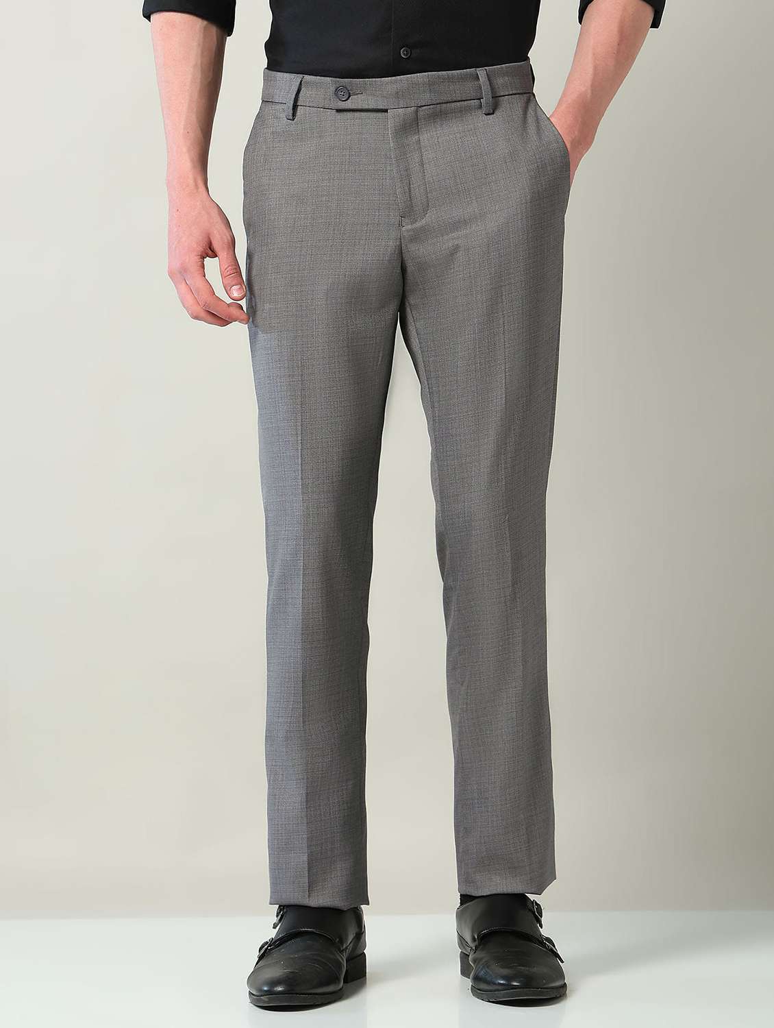 men solid mid rise flat front formal trouser - 22240616 -  Standard Image - 1